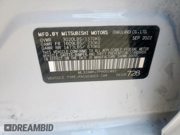 2023 Mitsubishi Mirage Black Edition с VIN ML32AWHJ7PH001487, выставлен на аукционе Copart как лот 59684945 с пробегом 39 160 миль миль и Списание • Salvage title. История ставок и продаж доступна на DreamBid. Изображение 14.