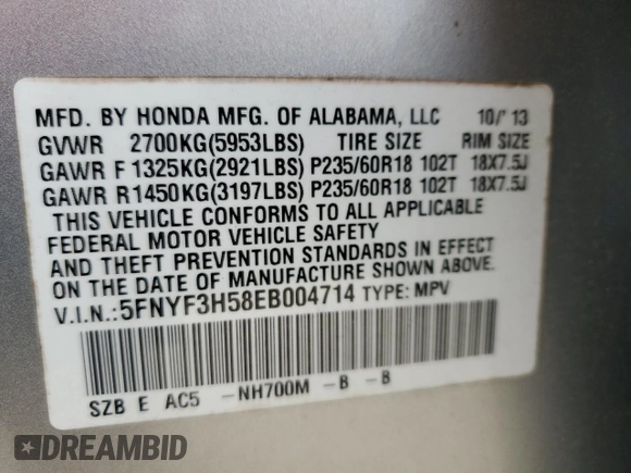 2014 Honda Pilot EX-L with VIN 5FNYF3H58EB004714, listed as a Copart auction lot 42533085 with 105,879 mi miles and Salvage Title. Bid and sale history available at DreamBid. Image 13.