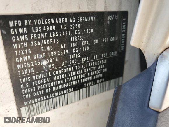2013 Volkswagen Tiguan SE с VIN WVGBV3AX4DW596834, выставлен на аукционе Copart как лот 61399695 с пробегом 139 398 миль миль и Чистый • Clean title. История ставок и продаж доступна на DreamBid. Изображение 12.