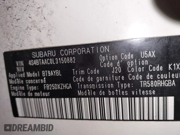 2020 Subaru Outback with VIN 4S4BTAAC0L3150882, listed as a IAAI auction lot 41643163 with 84,509 mi miles and . Bid and sale history available at DreamBid. Image 9.