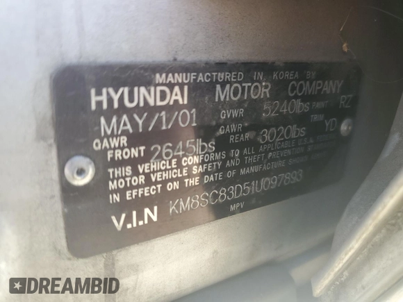 2001 Hyundai Santa Fe GLS with VIN KM8SC83D51U097893, listed as a Copart auction lot 42773215 with 113,181 mi miles and Salvage Title. Bid and sale history available at carsss.com. Image 14.