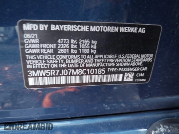 2021 BMW 3 Series 330i xDrive with VIN 3MW5R7J07M8C10185, listed as a IAAI auction lot 41184131 with 39,543 mi miles and . Bid and sale history available at DreamBid. Image 9.