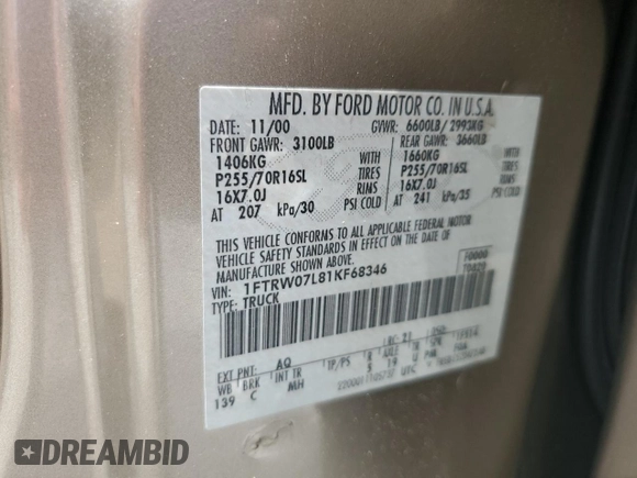 2001 Ford F-150 XLT z VIN 1FTRW07L81KF68346, wystawiony jako Copart lot #57460445 z przebiegiem Nie podano mil oraz Szkoda całkowita • Salvage title. Historia ofert i sprzedaży dostępna na DreamBid. Obrazek 12.