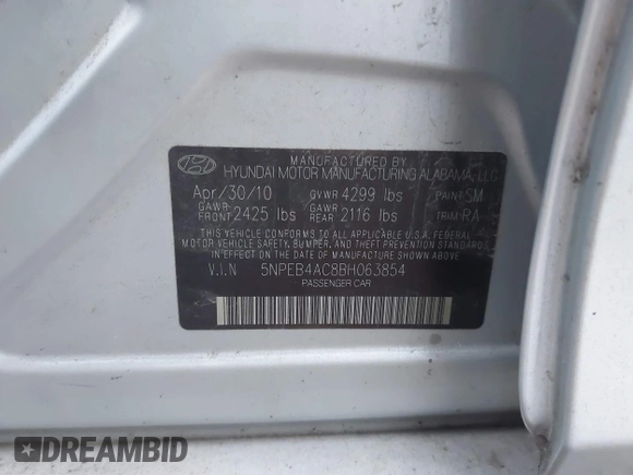 2011 Hyundai Sonata GLS with VIN 5NPEB4AC8BH063854, listed as a IAAI auction lot 41195819 with 181,700 mi miles. Bid and sale history available at carsss.com. Image 9.