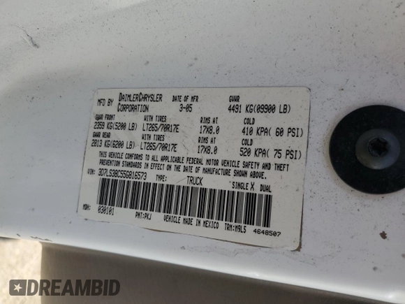 2005 Dodge 3500 SLT z VIN 3D7LS38C55G816573, wystawiony jako Copart lot #62147115 z przebiegiem 422 402 mil mil oraz Szkoda całkowita • Salvage title. Historia ofert i sprzedaży dostępna na DreamBid. Obrazek 12.