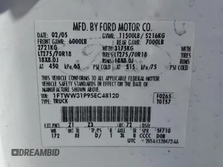 2005 Ford F-350 XL with VIN 1FTWW31P95EC48120, listed as a Copart auction lot 65723395 with Not provided miles and Salvage title. Bid and sale history available at DreamBid. Image 12.