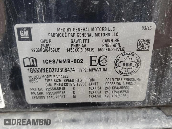 2015 GMC Acadia SLE with VIN 1GKKVNED3FJ306474, listed as a Copart auction lot 86723504 with Not provided miles and Salvage title. Bid and sale history available at DreamBid. Image 13.