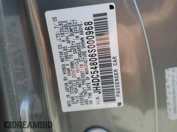 2006 Acura RSX with VIN JH4DC54806S000968, listed as a Copart auction lot 57752665 with 237,288 mi miles and Salvage title. Bid and sale history available at DreamBid. Image 12.