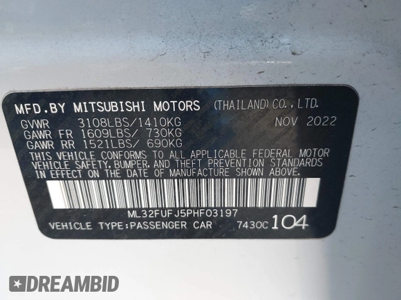 2023 Mitsubishi Mirage ES с VIN ML32FUFJ5PHF03197, выставлен на аукционе IAAI как лот 41733738 с пробегом 33 377 миль миль и . История ставок и продаж доступна на DreamBid. Изображение 9.