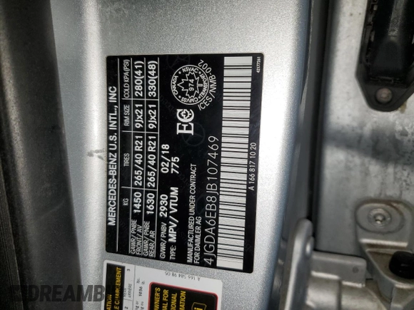 2018 Mercedes-Benz GLE 43 AMG with VIN 4JGDA6EB8JB107469, listed as a Copart auction lot 42088005 with 107,640 mi miles and Salvage Title. Bid and sale history available at DreamBid. Image 14.