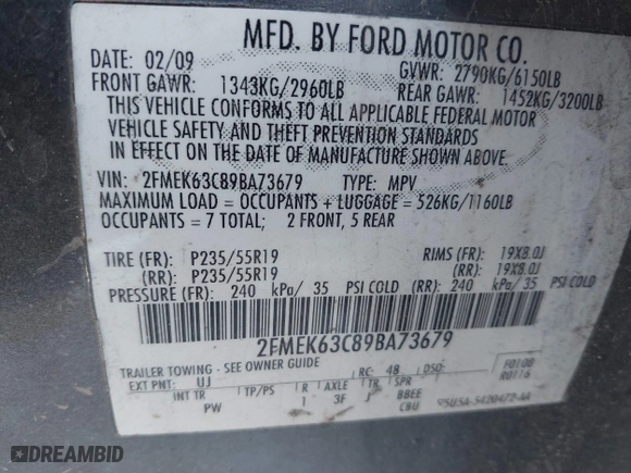 2009 Ford Flex Limited with VIN 2FMEK63C89BA73679, listed as a IAAI auction lot 41322466 with 229,814 mi miles. Bid and sale history available at carsss.com. Image 9.