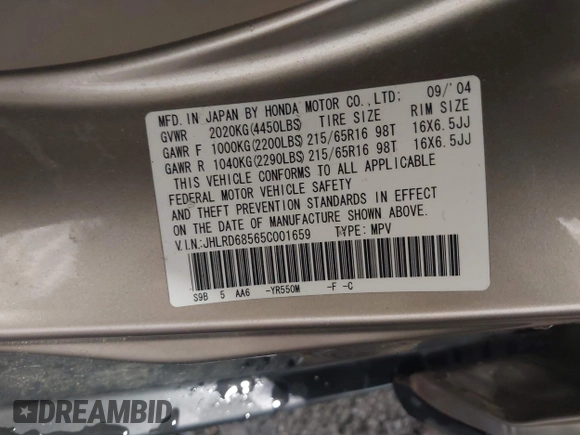 2005 Honda CR-V LX with VIN JHLRD68565C001659, listed as a IAAI auction lot 42162314 with 155,212 mi miles and . Bid and sale history available at carsss.com. Image 9.