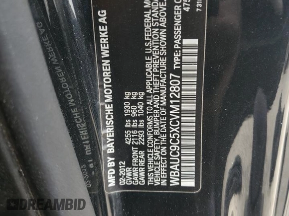 2012 BMW 1 Series 135i with VIN WBAUC9C5XCVM12807, listed as a Copart auction lot 61680225 with 117,314 mi miles and Salvage title. Bid and sale history available at DreamBid. Image 12.