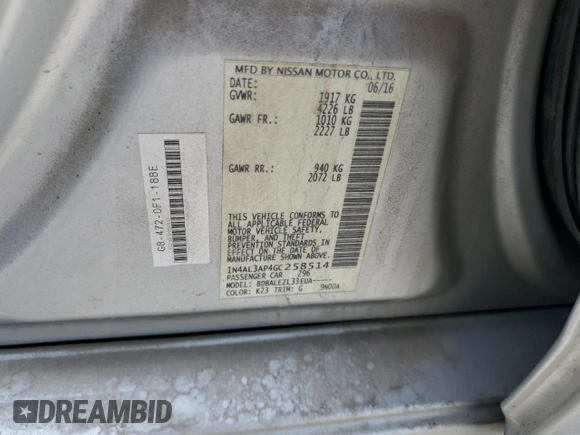 2016 Nissan Altima SR с VIN 1N4AL3AP4GC258514, выставлен на аукционе Copart как лот 57446095 с пробегом 157 735 миль миль и Списание • Salvage title. История ставок и продаж доступна на DreamBid. Изображение 12.