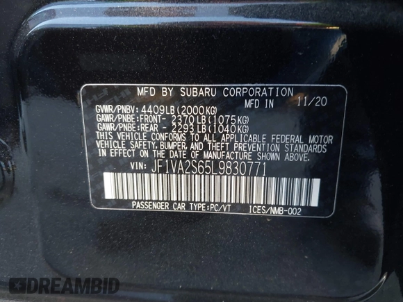 2020 Subaru WRX STI with VIN JF1VA2S65L9830771, listed as a IAAI auction lot 41360199 with 39,566 mi miles and . Bid and sale history available at DreamBid. Image 9.