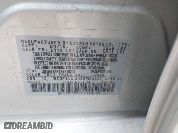 2014 Nissan Sentra S with VIN 3N1AB7AP4EY310204, listed as a IAAI auction lot 41621333 with 143,580 mi miles and . Bid and sale history available at DreamBid. Image 9.