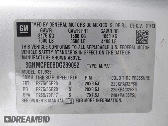 2013 Chevrolet Avalanche LT with VIN 3GNMCFE08DG289092, listed as a IAAI auction lot 42090240 with 143,588 mi miles and . Bid and sale history available at DreamBid. Image 9.