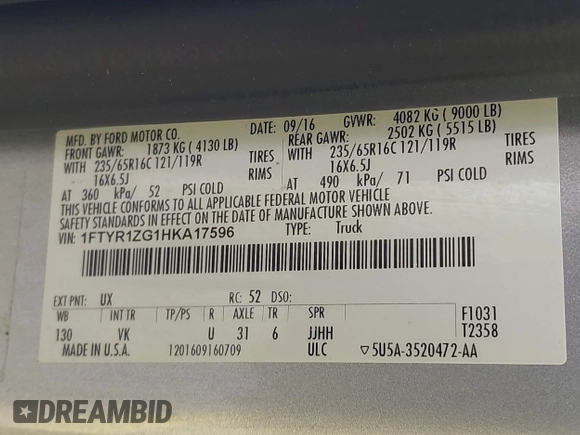 2017 Ford Transit with VIN 1FTYR1ZG1HKA17596, listed as a IAAI auction lot 42183066 with 148,333 mi miles and . Bid and sale history available at carsss.com. Image 9.