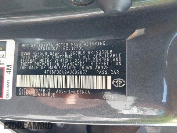 2010 Toyota Camry with VIN 4T1BF3EK2AU092057, listed as a IAAI auction lot 41907435 with 182,197 mi miles and . Bid and sale history available at DreamBid. Image 9.