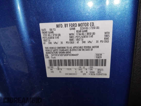 2013 Ford F-150 XL with VIN 1FTFX1EF2DFD36437, listed as a IAAI auction lot 42400934 with 118,823 mi miles and . Bid and sale history available at DreamBid. Image 9.