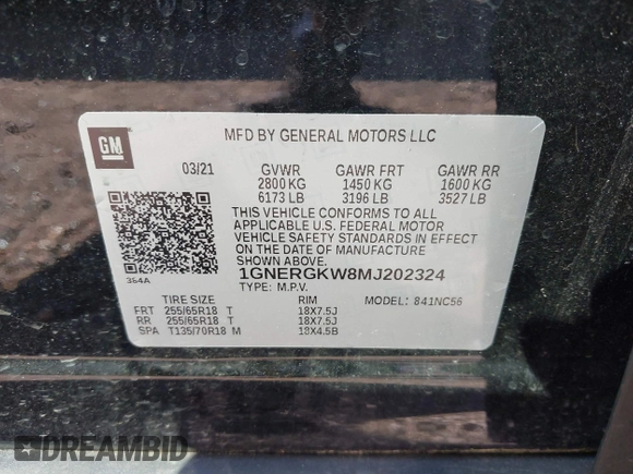 2021 Chevrolet Traverse LT Cloth with VIN 1GNERGKW8MJ202324, listed as a IAAI auction lot 41901862 with 58,898 mi miles. Bid and sale history available at carsss.com. Image 9.