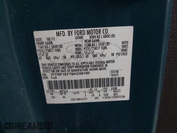 2011 Ford F-150 XL with VIN 1FTMF1EF7BKD58190, listed as a IAAI auction lot 42100651 with 106,039 mi miles and . Bid and sale history available at DreamBid. Image 9.