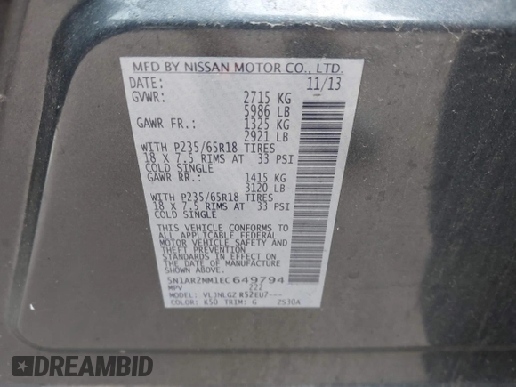 2014 Nissan Pathfinder S with VIN 5N1AR2MM1EC649794, listed as a IAAI auction lot 42611322 with 118,257 mi miles and . Bid and sale history available at DreamBid. Image 9.