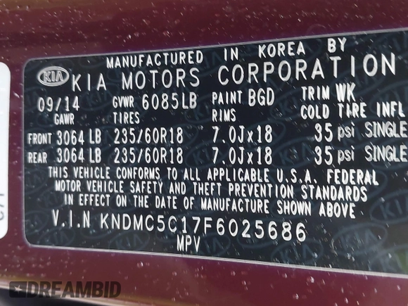 2015 Kia Sedona EX with VIN KNDMC5C17F6025686, listed as a IAAI auction lot 42020341 with 86,267 mi miles. Bid and sale history available at carsss.com. Image 9.
