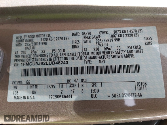2020 Ford Escape Titanium z VIN 1FMCU9J92LUB48243, wystawiony jako IAAI lot #42143038 z przebiegiem 63 172 mil mil oraz . Historia ofert i sprzedaży dostępna na DreamBid. Obrazek 9.