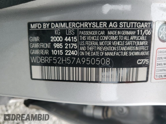 2007 Mercedes-Benz C 230 Sport with VIN WDBRF52H57A950508, listed as a Copart auction lot 54925925 with 84,905 mi miles and Clean Title. Bid and sale history available at DreamBid. Image 12.