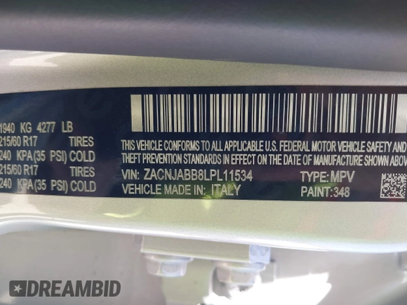 2020 Jeep Renegade Altitude with VIN ZACNJABB8LPL11534, listed as a IAAI auction lot 41855886 with 69,796 mi miles and . Bid and sale history available at DreamBid. Image 9.