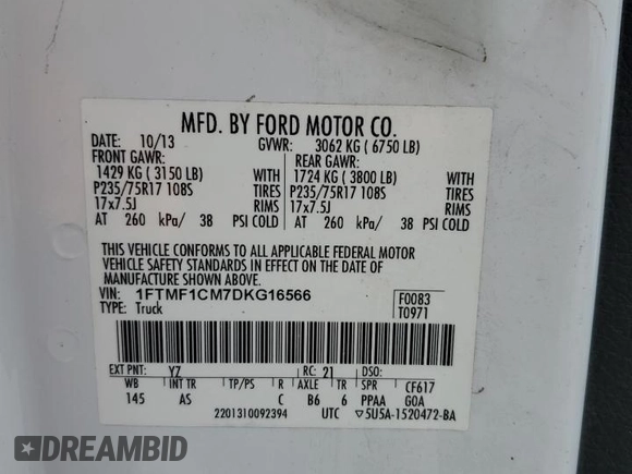 2013 Ford F-150 XL with VIN 1FTMF1CM7DKG16566, listed as a Copart auction lot 56640385 with 161,986 mi miles and Salvage title. Bid and sale history available at DreamBid. Image 13.