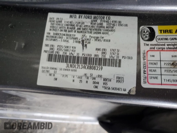 2012 Lincoln MKZ Hybrid with VIN 3LNDL2L34CR808359, listed as a Copart auction lot 86022204 with 68,678 mi miles and Salvage Title. Bid and sale history available at DreamBid. Image 12.