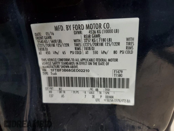 2016 Ford F-350 XL z VIN 1FTBF3B68GED02210, wystawiony jako Copart lot #63102965 z przebiegiem 51 589 mil mil oraz Czysty tytuł • Clean title. Historia ofert i sprzedaży dostępna na DreamBid. Obrazek 13.