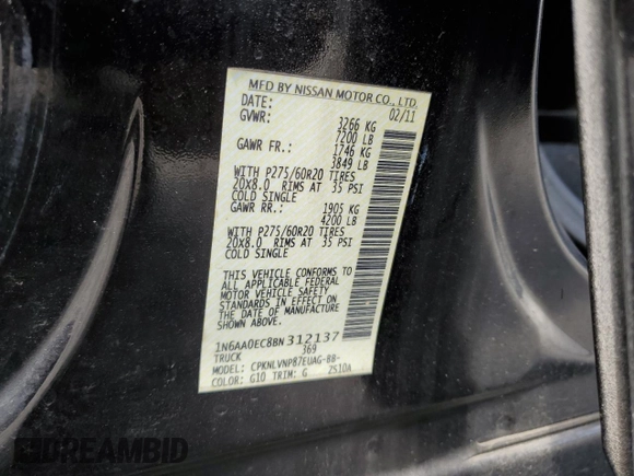 2011 Nissan Titan SL z VIN 1N6AA0EC8BN312137, wystawiony jako Copart lot #60227105 z przebiegiem 194 973 mil mil oraz Szkoda całkowita • Salvage title. Historia ofert i sprzedaży dostępna na DreamBid. Obrazek 13.