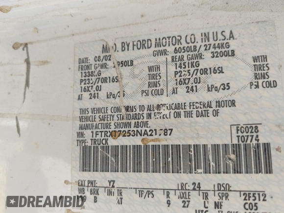 2003 Ford F-150 XL с VIN 1FTRX17253NA21787, выставлен на аукционе IAAI как лот 41963087 с пробегом 317 059 миль миль и . История ставок и продаж доступна на DreamBid. Изображение 9.