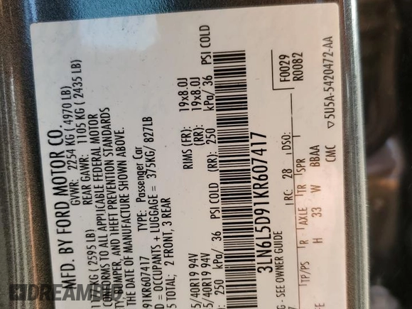 2019 Lincoln MKZ Reserve I with VIN 3LN6L5D91KR607417, listed as a Copart auction lot 59886935 with 56,399 mi miles and Salvage title. Bid and sale history available at DreamBid. Image 12.