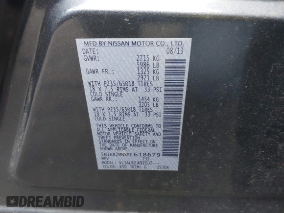 2014 Nissan Pathfinder Platinum with VIN 5N1AR2MNXEC618679, listed as a IAAI auction lot 42641920 with 169,263 mi miles and . Bid and sale history available at DreamBid. Image 9.