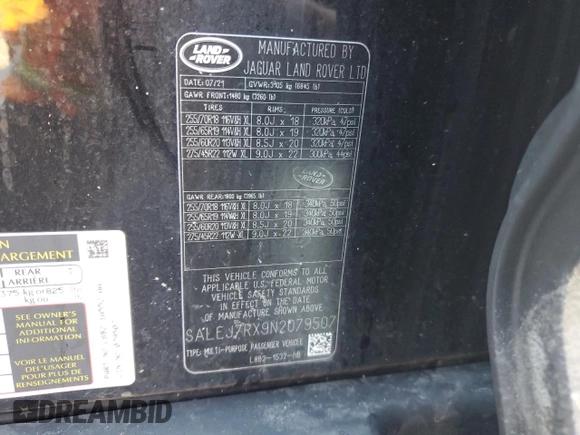 2022 Land Rover Defender S with VIN SALEJ7RX9N2079507, listed as a Copart auction lot 88658025 with 26,381 mi miles and Salvage title. Bid and sale history available at DreamBid. Image 15.