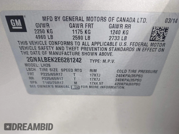 2014 Chevrolet Equinox LT z VIN 2GNALBEK2E6281242, wystawiony jako IAAI lot #41737656 z przebiegiem 193 044 mil mil oraz . Historia ofert i sprzedaży dostępna na DreamBid. Obrazek 9.