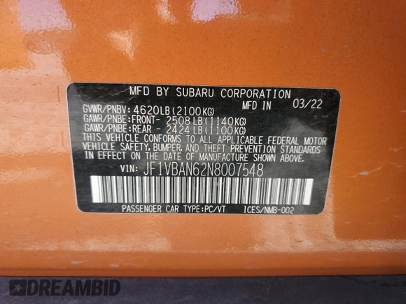 2022 Subaru WRX Limited with VIN JF1VBAN62N8007548, listed as a Copart auction lot 77757294 with 30,498 mi miles and Salvage Title. Bid and sale history available at carsss.com. Image 12.
