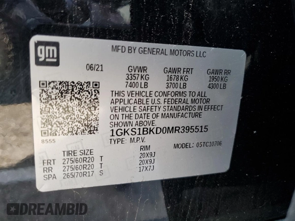 2021 GMC Yukon SLT with VIN 1GKS1BKD0MR395515, listed as a Copart auction lot 42810935 with 54,071 mi miles and Salvage Title. Bid and sale history available at carsss.com. Image 13.