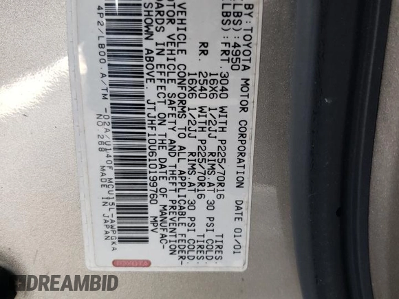 2001 Lexus RX 300 with VIN JTJHF10U610199760, listed as a Copart auction lot 55637985 with 237,253 mi miles and Salvage Title. Bid and sale history available at DreamBid. Image 12.