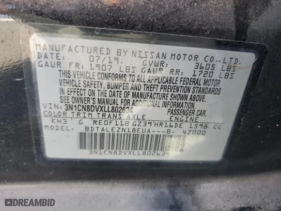 2020 Nissan Versa S with VIN 3N1CN8DVXLL802634, listed as a Copart auction lot 77043614 with 0 mi miles and Non Repairable. Bid and sale history available at carsss.com. Image 13.
