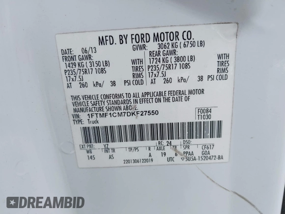 2013 Ford F-150 XL with VIN 1FTMF1CM7DKF27550, listed as a IAAI auction lot 42667599 with 131,264 mi miles and . Bid and sale history available at DreamBid. Image 9.
