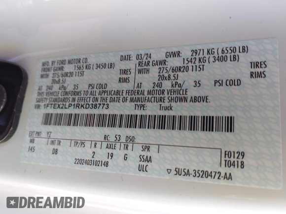 2024 Ford F-150 with VIN 1FTEX2LP1RKD38773, listed as a IAAI auction lot 41973683 with 7,538 mi miles and . Bid and sale history available at DreamBid. Image 9.