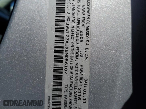 2011 Volkswagen Jetta SEL with VIN 3VWLZ7AJXBM056107, listed as a Copart auction lot 69955534 with 104,451 mi miles and Salvage title. Bid and sale history available at DreamBid. Image 14.