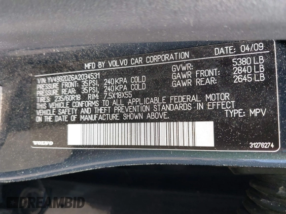 2010 Volvo XC60 3.0T с VIN YV4992DZ6A2034531, выставлен на аукционе IAAI как лот 42189423 с пробегом 256 201 миль миль и . История ставок и продаж доступна на DreamBid. Изображение 9.