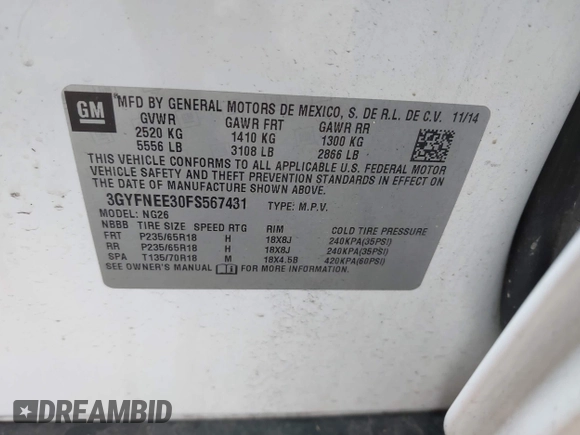 2015 Cadillac SRX Luxury Collection with VIN 3GYFNEE30FS567431, listed as a IAAI auction lot 42118084 with 140,778 mi miles. Bid and sale history available at carsss.com. Image 9.