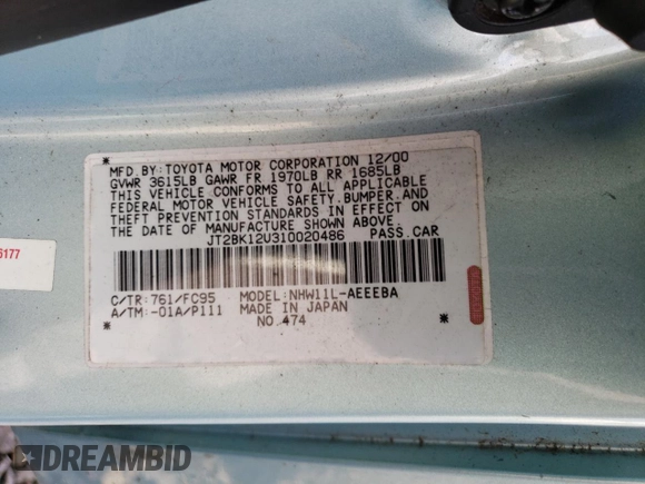 2001 Toyota Prius with VIN JT2BK12U310020486, listed as a Copart auction lot 75358784 with 246,262 mi miles and Salvage Title. Bid and sale history available at carsss.com. Image 14.